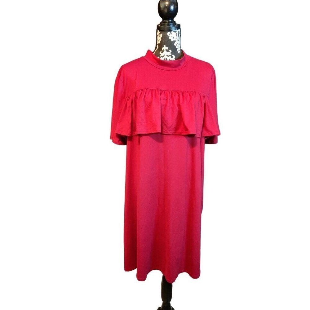 La Gypsy Magenta Pink‎ Ruffle Mock Neck Shift Dress Short Sleeve Keyhole Back